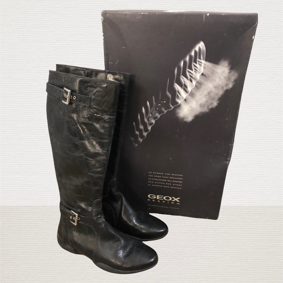 Brand New Geox Waterproof Black Distressed Leather Tall Boots - Picture 1 of 6